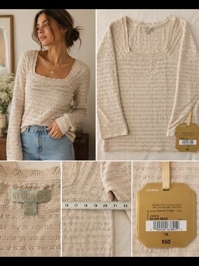 RYEGRASS Pointelle Knit Sweater Top Cream Beige Cottagecore Boho Size 1X NWT
